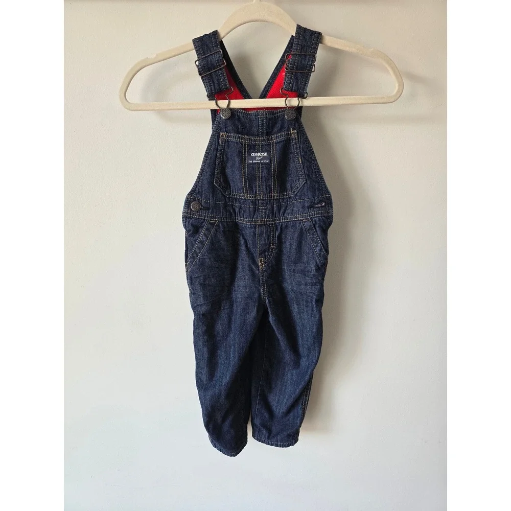 OshKosh Bgosh Kids 2T Dark Wash Denim Fleece Lined Vestbak Overalls Blue Red